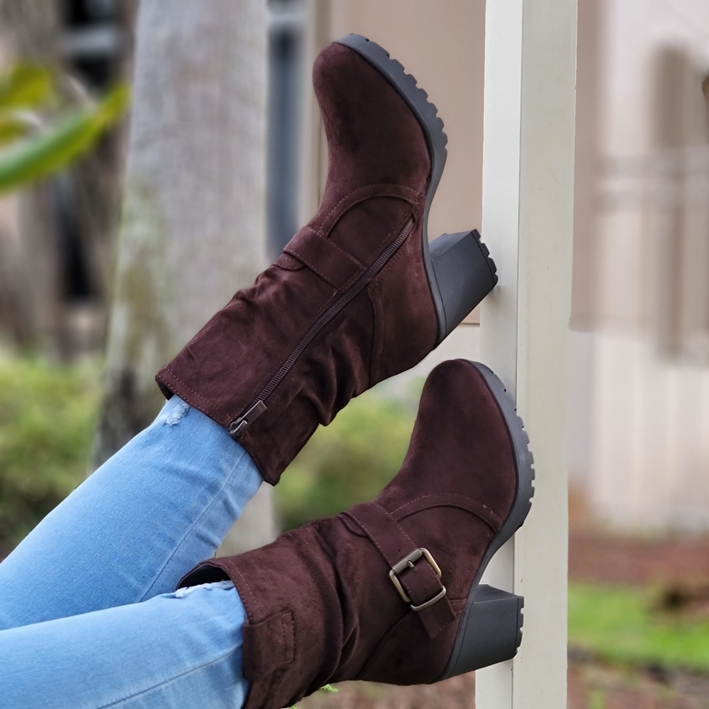 Women's Brown Chelsea Chunky Block High Heel Above Ankle Boots - Picture 4 of 6